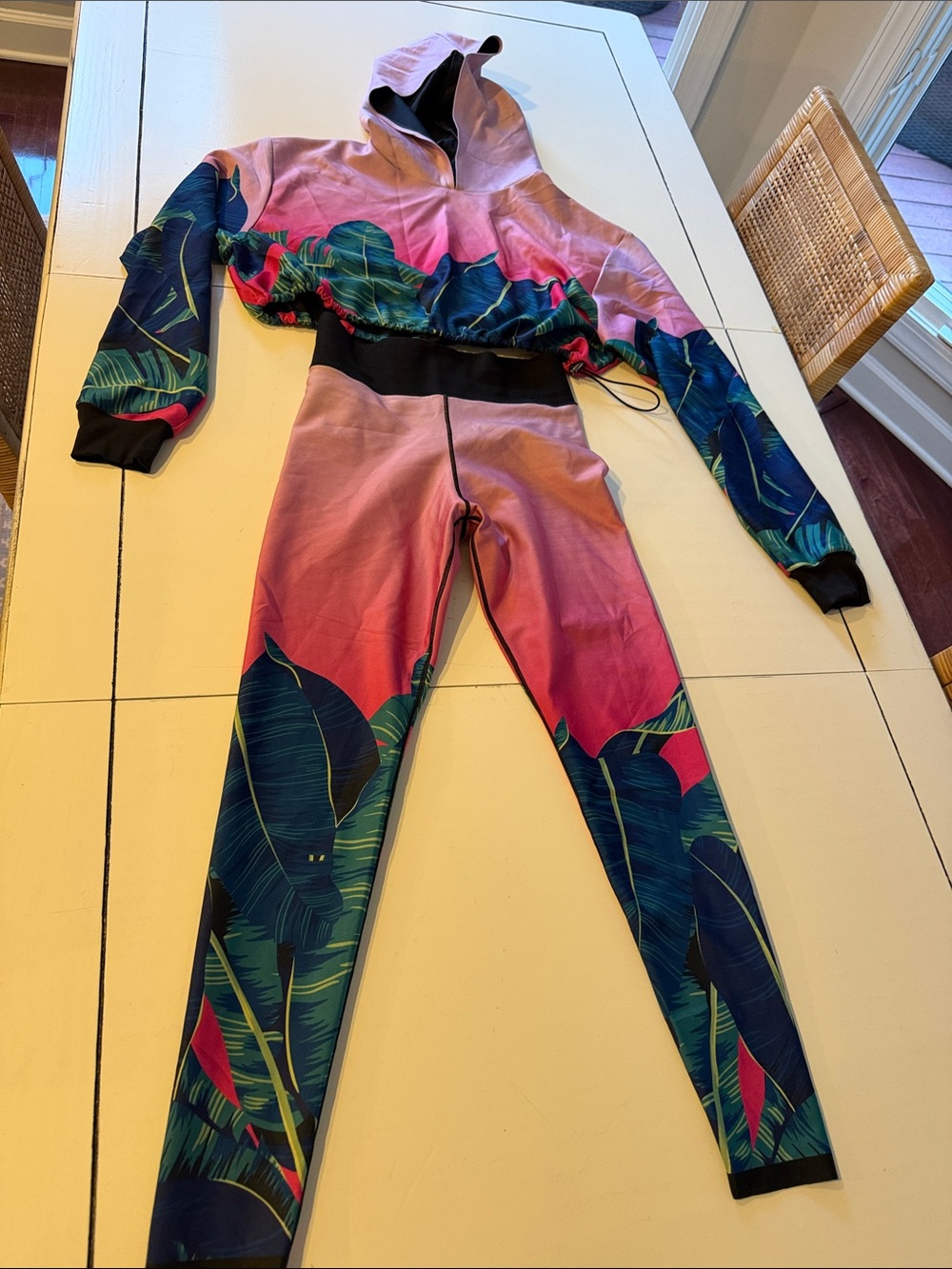 ULTRACOR Pink Tropical Leaf Hooded Crop Top and Leggings Set. Wore Once!